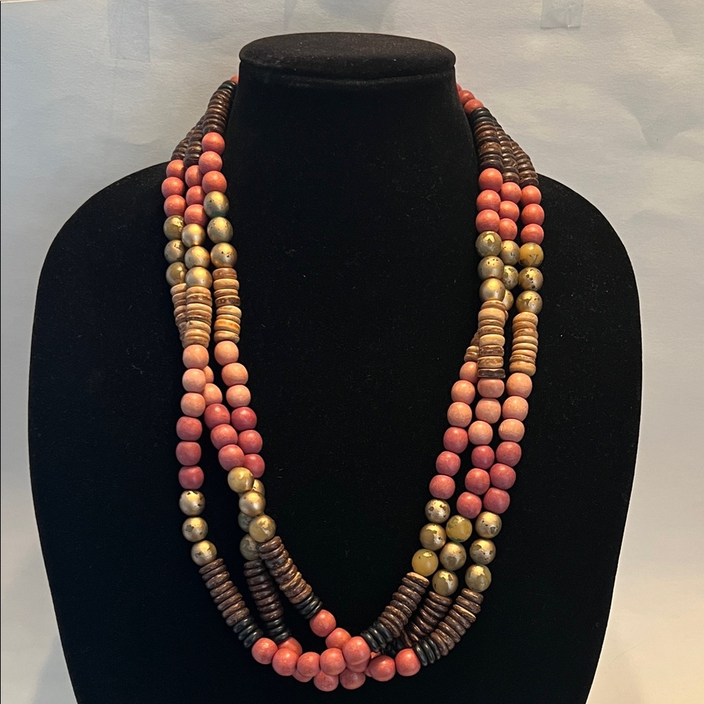 Vintage wooden Beaded Necklace with metallic accent beads, can be worn casually